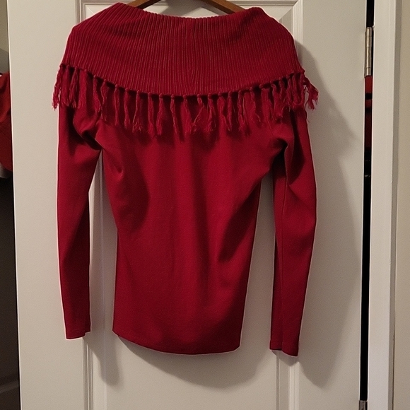 Rafaella Red Off-the-Shoulder Sweater with Fringe - Picture 4 of 6